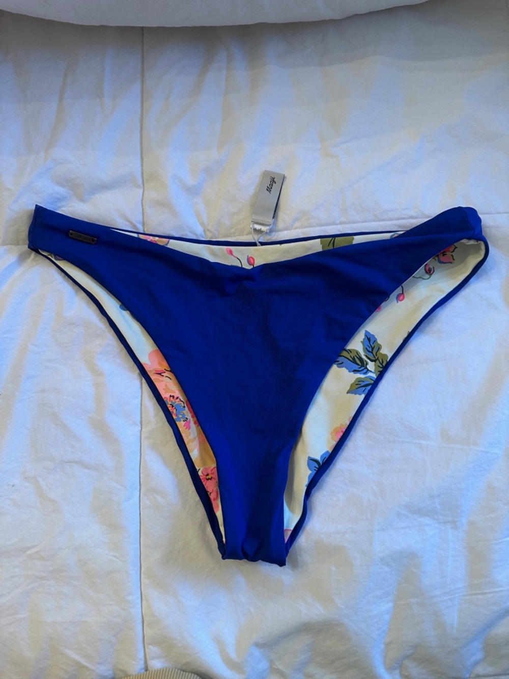 Maaji Low Rise Thin Side Bikini Bottom - Large Reversible Cobalt Blue /Floral